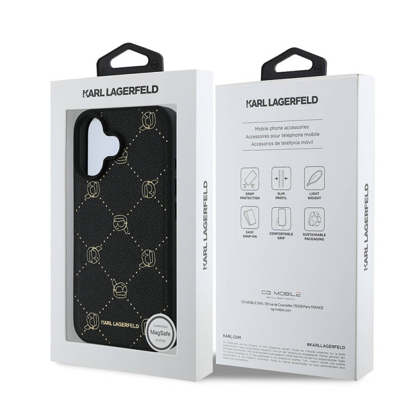 Apple iPhone 16 Kılıf Karl Lagerfeld Orjinal Lisanslı M-safe Şarj Özellikli PU Deri Karl Heads Desenli Klasik Logolu Kapak - 9