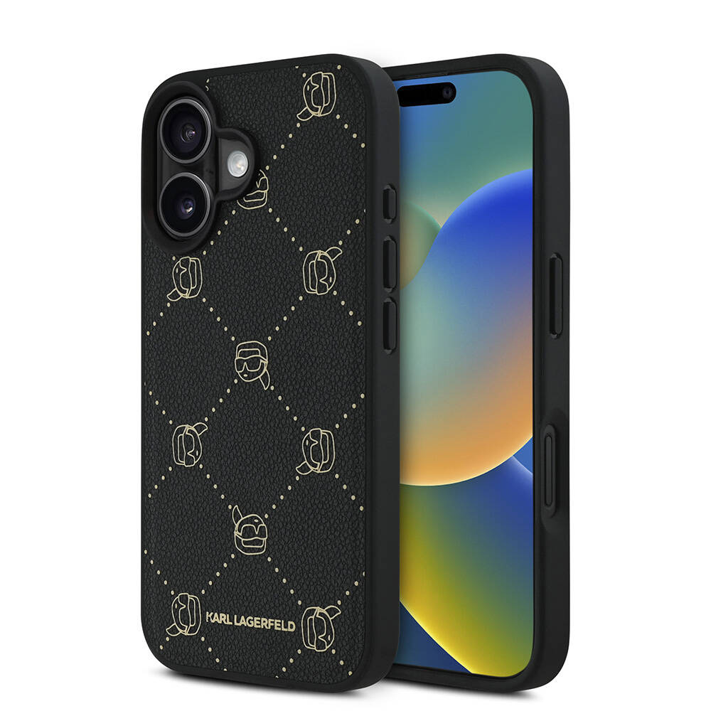 iPhone 16 Apple iPhone 16 Kılıf Karl Lagerfeld Orjinal Lisanslı M-safe Şarj Özellikli PU Deri Karl Heads Desenli Klas...