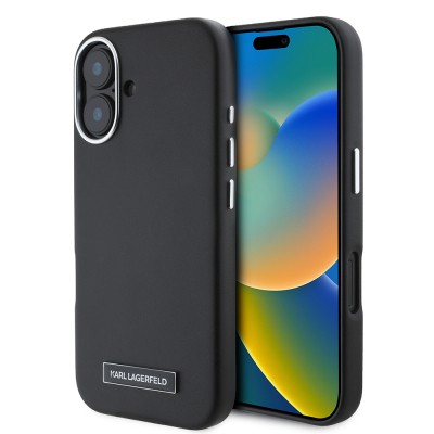 Apple iPhone 16 Kılıf Karl Lagerfeld Orjinal Lisanslı M-safe Şarj Özellikli Metal Kamera ve Buton Tasarımlı Plaka Logolu PU Deri Kapak Siyah