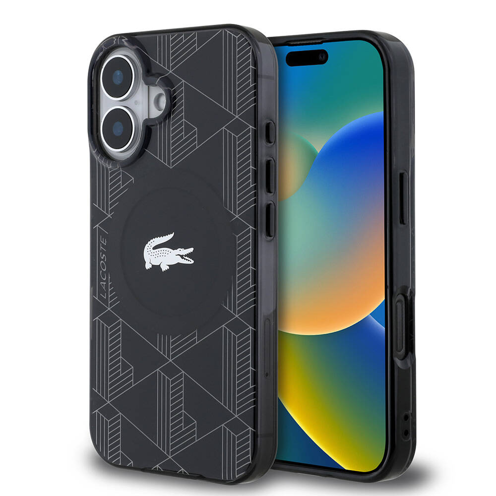 Apple iPhone 16 Kılıf Lacoste Orjinal Lisanslı M-safe Şarj Özellikli IML Baskılı Gümüş Timsah Logolu Monogram Kapak - Siyah
