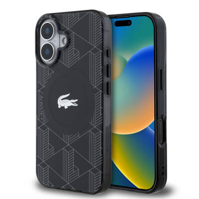 Apple iPhone 16 Kılıf Lacoste Orjinal Lisanslı M-safe Şarj Özellikli IML Baskılı Gümüş Timsah Logolu Monogram Kapak - Lacoste