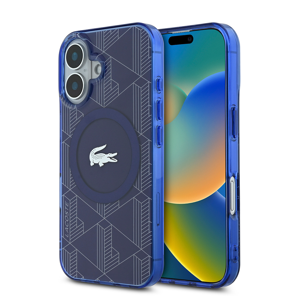 Apple iPhone 16 Kılıf Lacoste Orjinal Lisanslı M-safe Şarj Özellikli IML Baskılı Gümüş Timsah Logolu Monogram Kapak - Lacivert