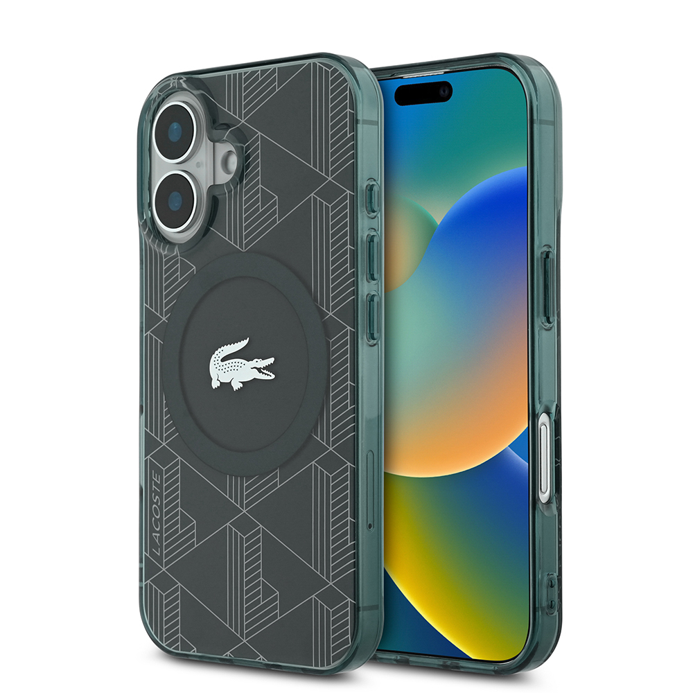 Apple iPhone 16 Kılıf Lacoste Orjinal Lisanslı M-safe Şarj Özellikli IML Baskılı Gümüş Timsah Logolu Monogram Kapak - Yeşil