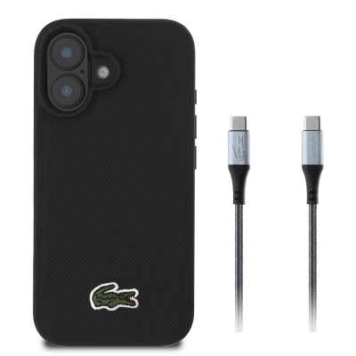 Apple iPhone 16 Kılıf Lacoste Orjinal Lisanslı PU Pike Desenli Arka Yüzey İkonik Timsah Dokuma Logolu Kapak + Type-C Kablo 1.5m - Lacoste