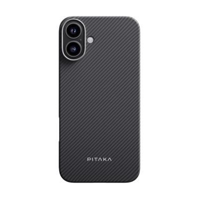 Apple iPhone 16 Kılıf M-safe Şarj Özellikli 600D Aramid Fiber Pitaka Ultra-Slim Classic Serisi Black-Grey Twill Kapak - Pitaka