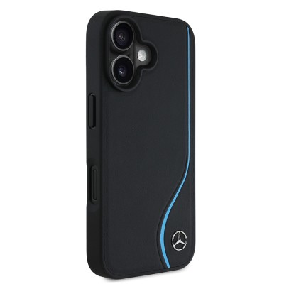 Apple iPhone 16 Kılıf Mercedes Benz Orjinal Lisanslı M-safe Şarj Özellikli 3D Metal Logolu Mavi Dikey Eğri Çizgili Deri Kapak - 3
