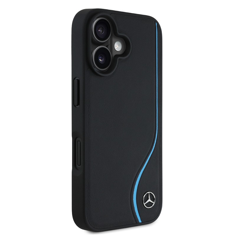 Apple iPhone 16 Kılıf Mercedes Benz Orjinal Lisanslı M-safe Şarj Özellikli 3D Metal Logolu Mavi Dikey Eğri Çizgili Deri Kapak - 3