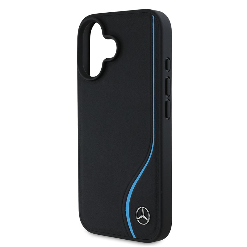 Apple iPhone 16 Kılıf Mercedes Benz Orjinal Lisanslı M-safe Şarj Özellikli 3D Metal Logolu Mavi Dikey Eğri Çizgili Deri Kapak - 5