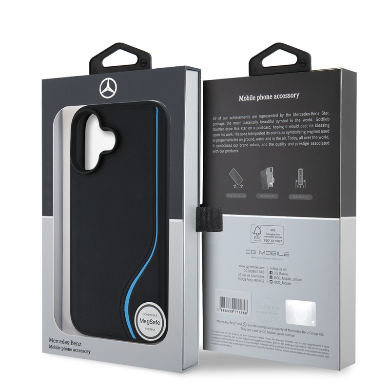 Apple iPhone 16 Kılıf Mercedes Benz Orjinal Lisanslı M-safe Şarj Özellikli 3D Metal Logolu Mavi Dikey Eğri Çizgili Deri Kapak - 9