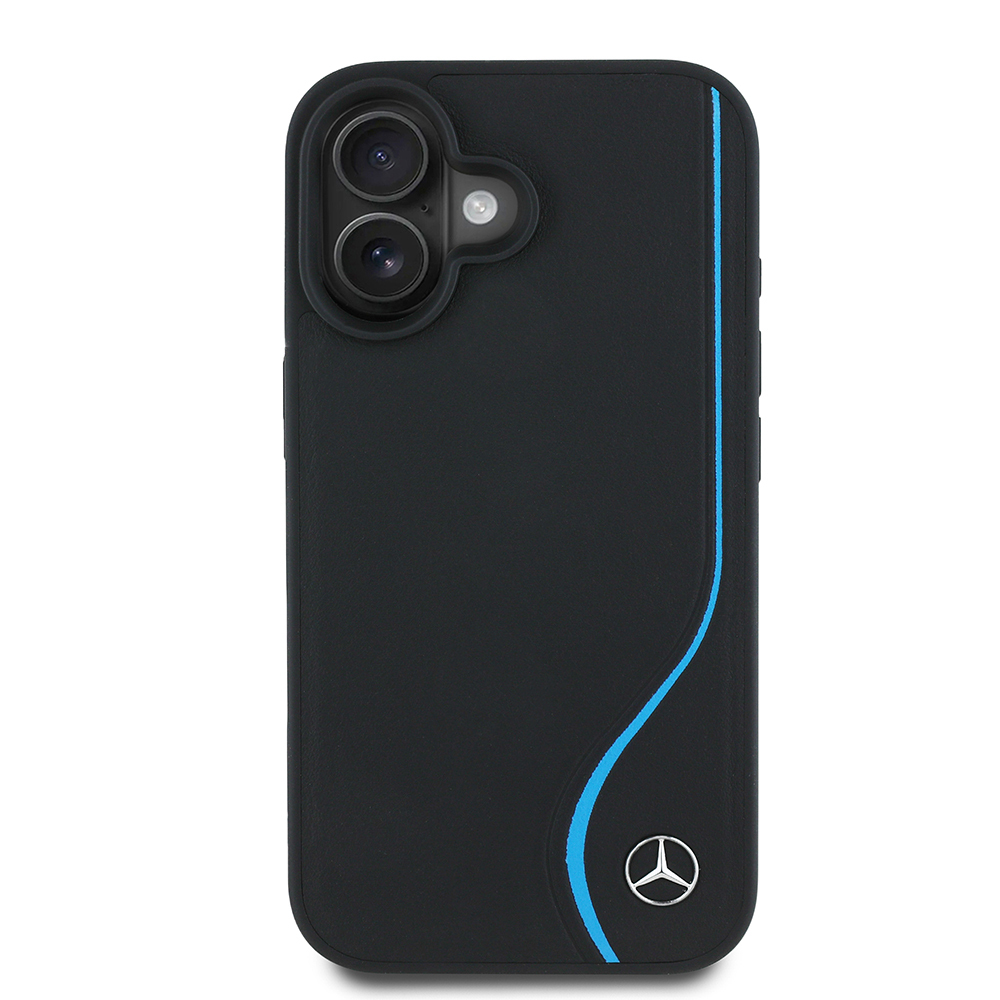 Apple iPhone 16 Kılıf Mercedes Benz Orjinal Lisanslı M-safe Şarj Özellikli 3D Metal Logolu Mavi Dikey Eğri Çizgili Deri Kapak - Siyah