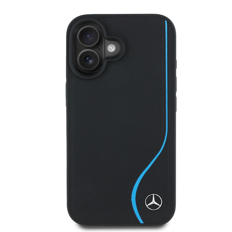 Apple iPhone 16 Kılıf Mercedes Benz Orjinal Lisanslı M-safe Şarj Özellikli 3D Metal Logolu Mavi Dikey Eğri Çizgili Deri Kapak - 2