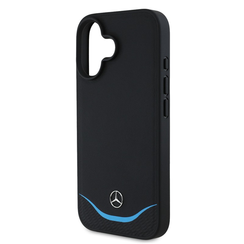 Apple iPhone 16 Kılıf Mercedes Benz Orjinal Lisanslı M-safe Şarj Özellikli 3D Metal Logolu Mavi Yatay Eğri Çizgili Deri Kapak - 5