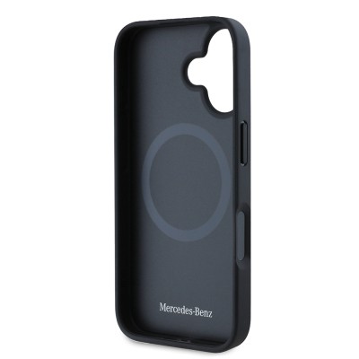 Apple iPhone 16 Kılıf Mercedes Benz Orjinal Lisanslı M-safe Şarj Özellikli 3D Metal Logolu Mavi Yatay Eğri Çizgili Deri Kapak - 6