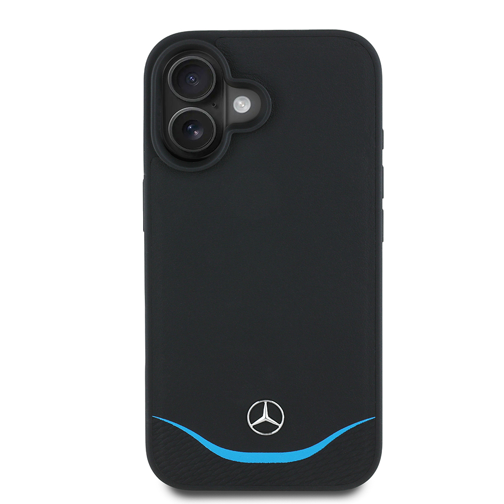Apple iPhone 16 Kılıf Mercedes Benz Orjinal Lisanslı M-safe Şarj Özellikli 3D Metal Logolu Mavi Yatay Eğri Çizgili Deri Kapak - Siyah