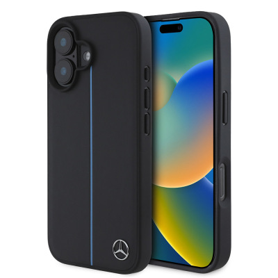 Apple iPhone 16 Kılıf Mercedes Benz Orjinal Lisanslı M-safe Şarj Özellikli Metal Yıldız Logolu Mavi Çizgili Deri Kapak - Mercedes Benz
