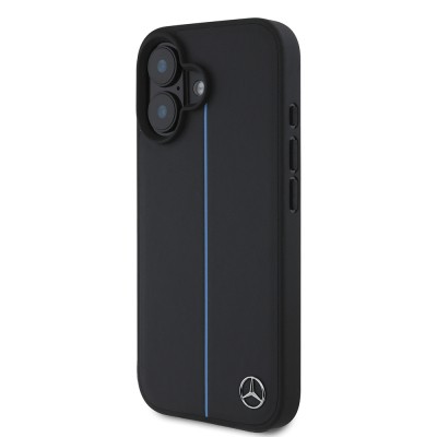 Apple iPhone 16 Kılıf Mercedes Benz Orjinal Lisanslı M-safe Şarj Özellikli Metal Yıldız Logolu Mavi Çizgili Deri Kapak - 3