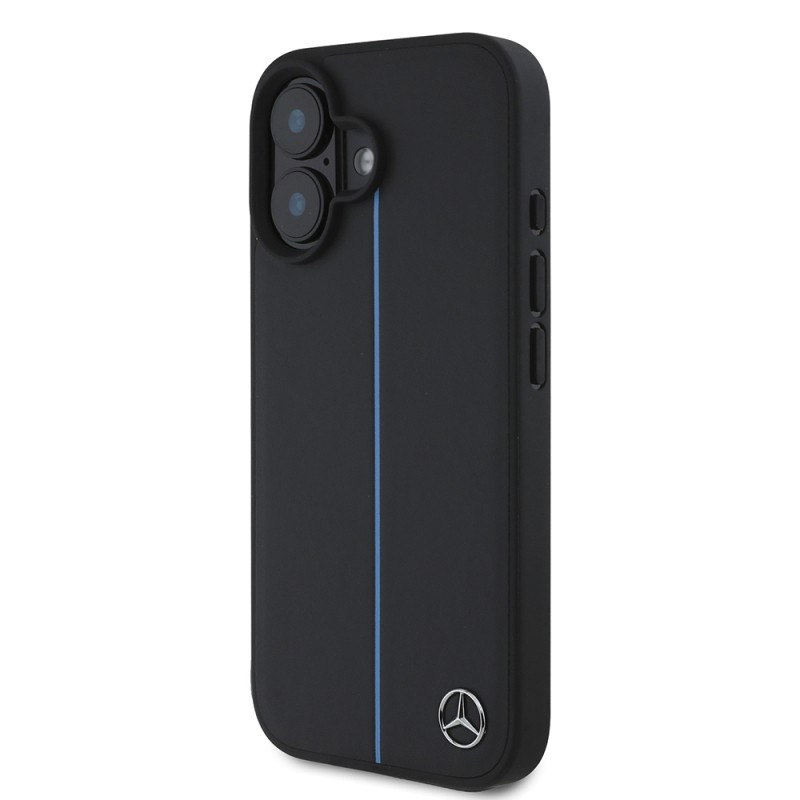 Apple iPhone 16 Kılıf Mercedes Benz Orjinal Lisanslı M-safe Şarj Özellikli Metal Yıldız Logolu Mavi Çizgili Deri Kapak - 3