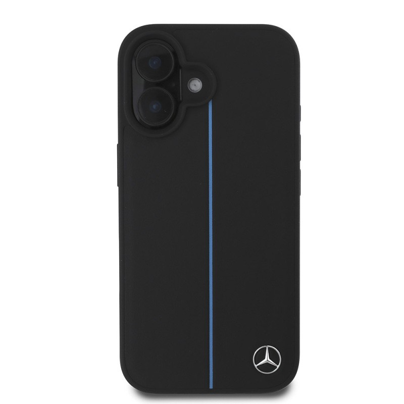 Apple iPhone 16 Kılıf Mercedes Benz Orjinal Lisanslı M-safe Şarj Özellikli Metal Yıldız Logolu Mavi Çizgili Deri Kapak - 4