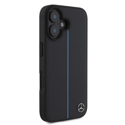 Apple iPhone 16 Kılıf Mercedes Benz Orjinal Lisanslı M-safe Şarj Özellikli Metal Yıldız Logolu Mavi Çizgili Deri Kapak - 5