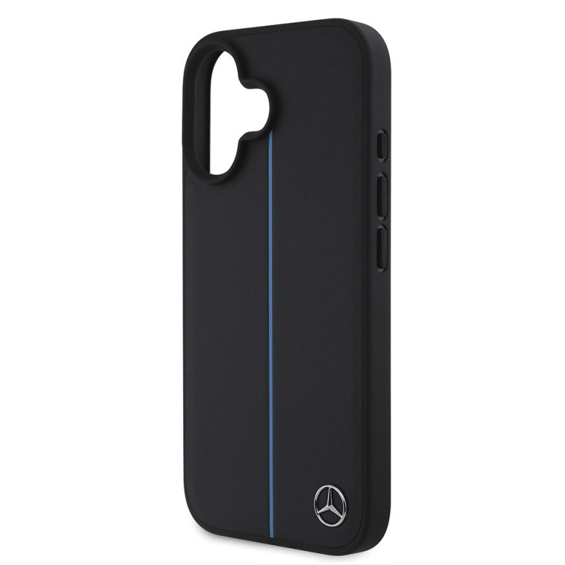 Apple iPhone 16 Kılıf Mercedes Benz Orjinal Lisanslı M-safe Şarj Özellikli Metal Yıldız Logolu Mavi Çizgili Deri Kapak - 7