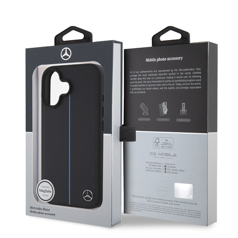 Apple iPhone 16 Kılıf Mercedes Benz Orjinal Lisanslı M-safe Şarj Özellikli Metal Yıldız Logolu Mavi Çizgili Deri Kapak - 9