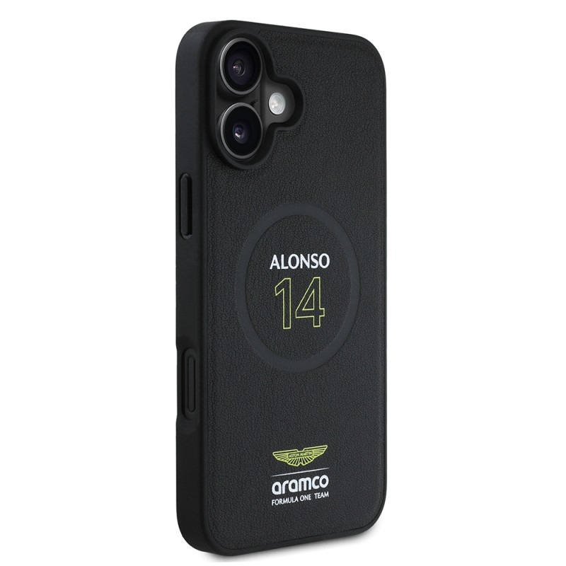 Apple iPhone 16 Plus Case Aston Martin Original Licensed Magsafe Charging Feature PU Leather Alonso 14 Printed Cover - 4