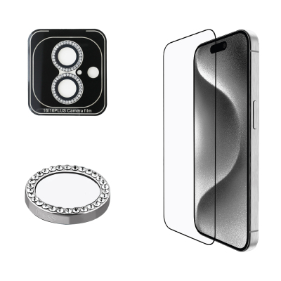 Apple iPhone 16 Plus Guess Orjinal Lisanslı Rhinestone Ekran Koruyucu + Lens Koruyucu 2in1 Aksesuar Seti - Guess