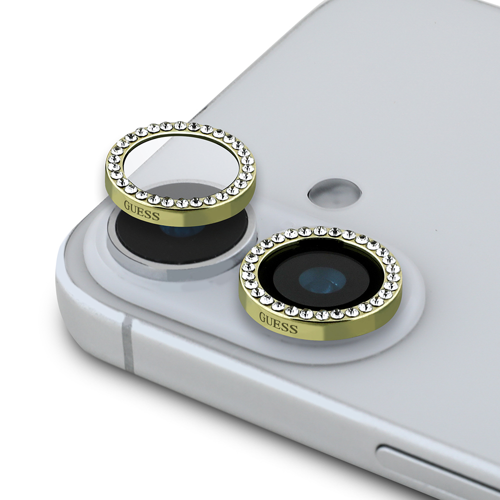 Apple iPhone 16 Plus Guess Orjinal Lisanslı Rhinestone Taşlı Lens Koruyucu - Gold