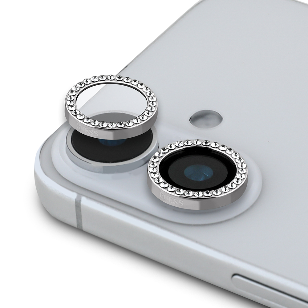 Apple iPhone 16 Plus Guess Orjinal Lisanslı Rhinestone Taşlı Lens Koruyucu - Gümüş