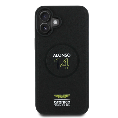 Apple iPhone 16 Plus Kılıf Aston Martin Orjinal Lisanslı M-safe Şarj Özellikli PU Deri Alonso 14 Baskılı Kapak - Aston Martin