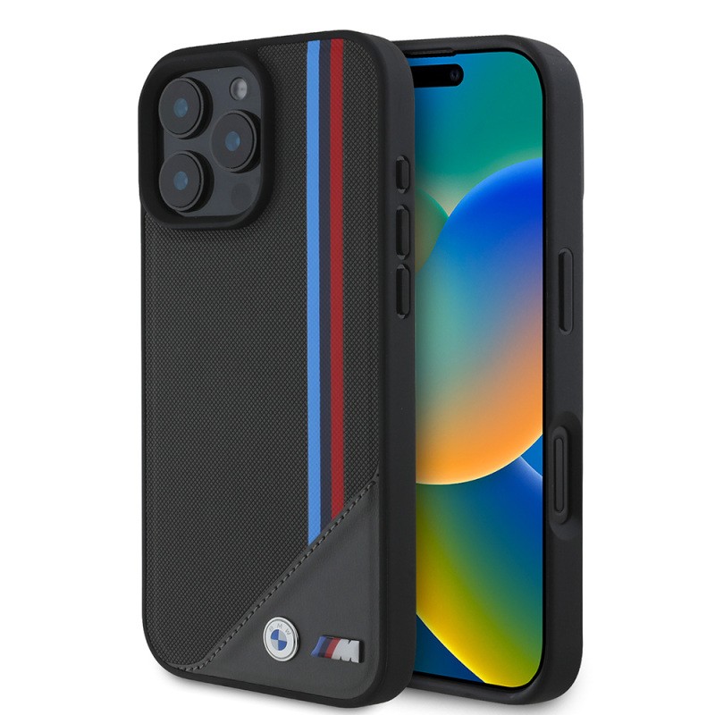 Apple iPhone 16 Plus Kılıf BMW Orjinal Lisanslı M-safe Şarj Özellikli M Logolu Üç Çizgili Dikiş Detaylı Meshed Tricolor Stripes Kapak - 1