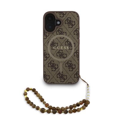 Apple iPhone 16 Plus Kılıf Guess Orjinal Lisanslı M-safe Şarj Özellikli PU Deri Bilek Askı İpli Yazı Logolu Kapak - Guess