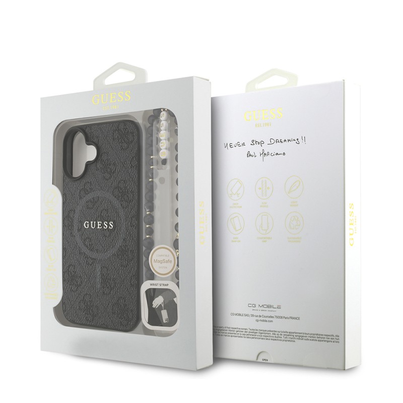Apple iPhone 16 Plus Kılıf Guess Orjinal Lisanslı M-safe Şarj Özellikli PU Deri Bilek Askı İpli Yazı Logolu Kapak - 25