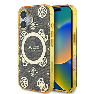 Apple iPhone 16 Plus Kılıf Guess Orjinal Lisanslı M-safe Şarj Özellikli 4G Desenli IML Yazı Logolu Peony Kapak - Guess