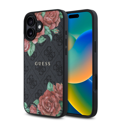 Apple iPhone 16 Plus Kılıf Guess Orjinal Lisanslı M-safe Şarj Özellikli Gül Baskılı 4G Desenli Yazı Logolu Kapak - Guess