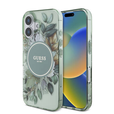 Apple iPhone 16 Plus Kılıf Guess Orjinal Lisanslı M-safe Şarj Özellikli IML Baskılı Çiçek İnci Bileklikli Kapak - Guess