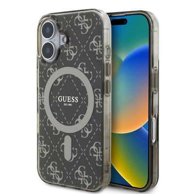 Apple iPhone 16 Plus Kılıf Guess Orjinal Lisanslı M-safe Şarj Özellikli IML Baskılı Klasik Logolu 4G Desenli Kapak - Guess
