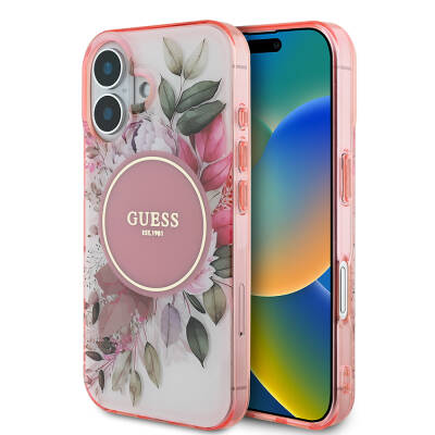 Apple iPhone 16 Plus Kılıf Guess Orjinal Lisanslı M-safe Şarj Özellikli IML Baskılı Yazı Logolu Flower Tonal Circle Kapak - Guess