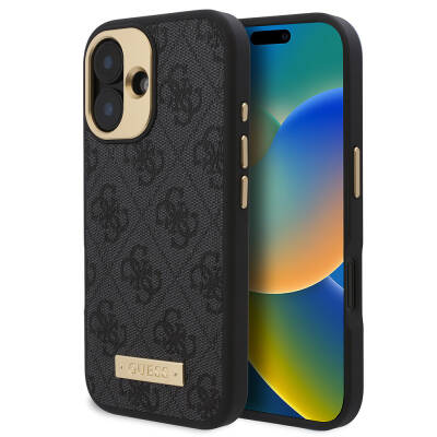 Apple iPhone 16 Plus Kılıf Guess Orjinal Lisanslı M-safe Şarj Özellikli PU 4G Desenli Metal Plaka Klasik Logolu Kapak - Guess