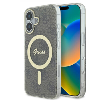 Apple iPhone 16 Plus Kılıf Guess Orjinal Lisanslı M-safe Şarj Özellikli Yazı Logolu 4G Desenli Kapak - Guess