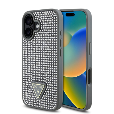Apple iPhone 16 Plus Kılıf Guess Orjinal Lisanslı Taşlı Arka Yüzey Üçgen Logolu Kapak - Guess