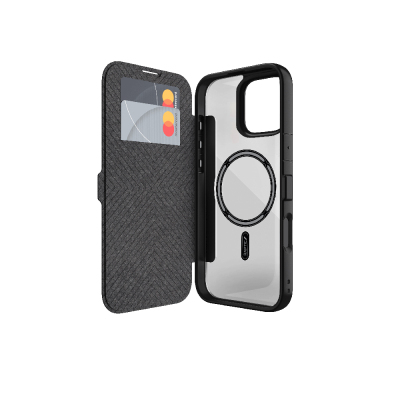 Apple iPhone 16 Plus Kılıf M-safe Şarj Özellikli Vegan Deri Tasarımlı Şeffaf Arka Yüzey Kartlıklı Raptic Urban Folio Serisi Kapak - Raptic