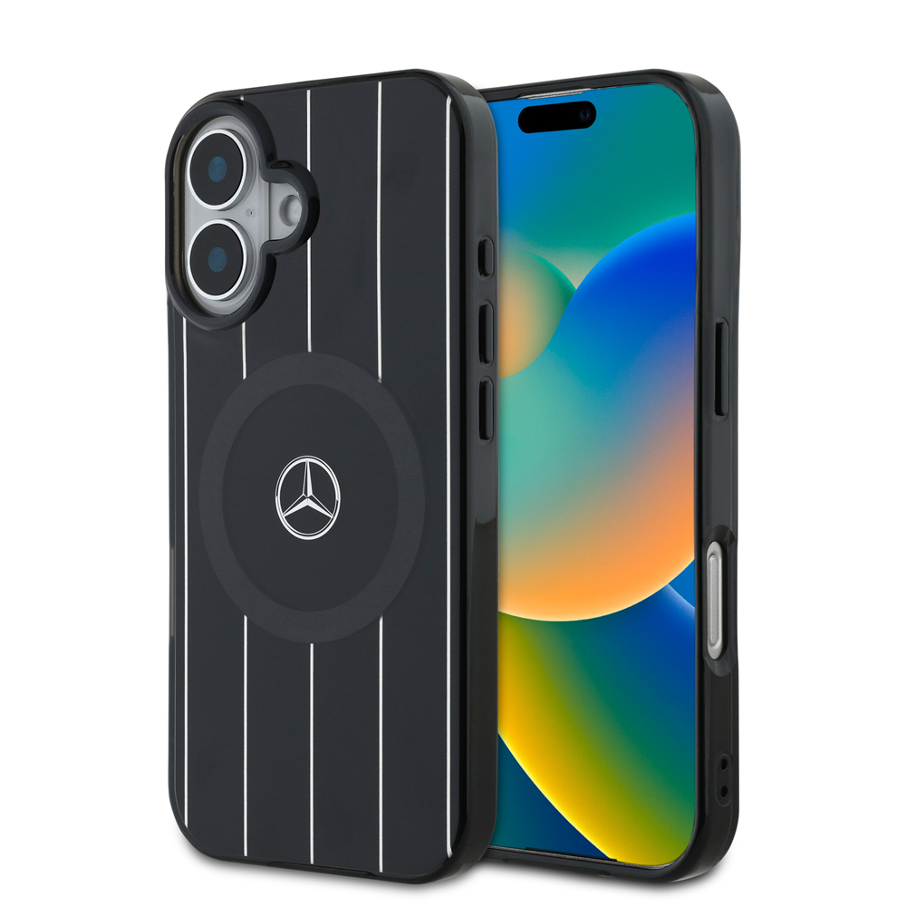 Apple iPhone 16 Plus Kılıf Mercedes Benz Orjinal Lisanslı M-safe Şarj Özellikli Çift Katmanlı Paralel Çizgi Desenli Kapak - Siyah