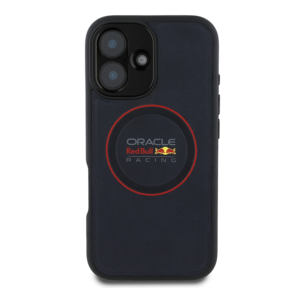 Apple iPhone 16 Plus Kılıf Redbull Orjinal Lisanslı M-safe Şarj Özellikli Kırmızı Halka ve Logo Kabartmalı PU Deri Kapak - Lacivert