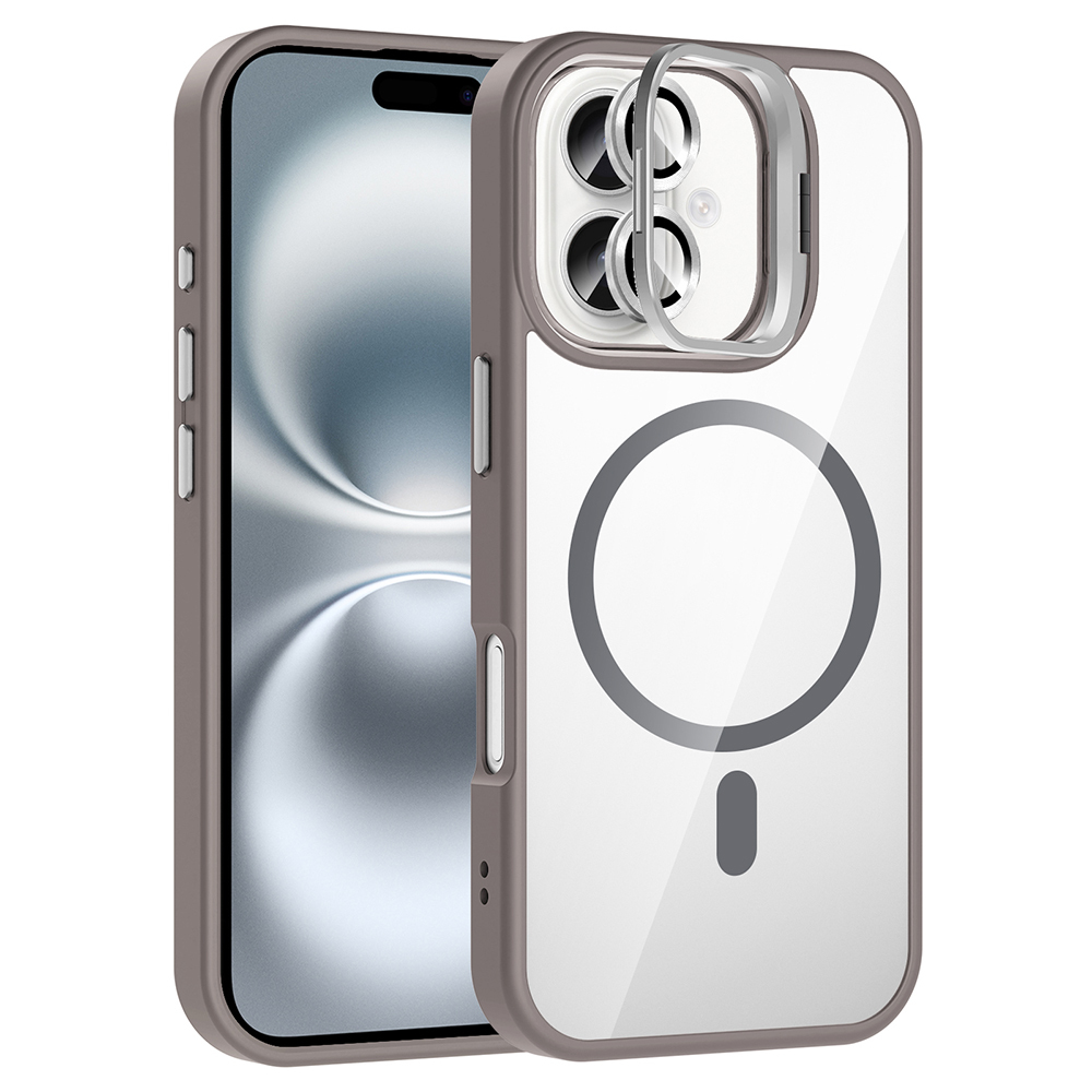 iPhone 16 Plus Kılıf Standlı ve Kamera Lens Hediyeli M-Safe Şarj Özellikli NXXA Etro Kapak - Gri