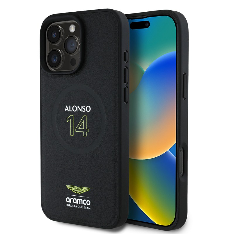 Apple iPhone 16 Pro Case Aston Martin Original Licensed Magsafe Charging Featured PU Leather Alonso 14 Printed Cover - 2