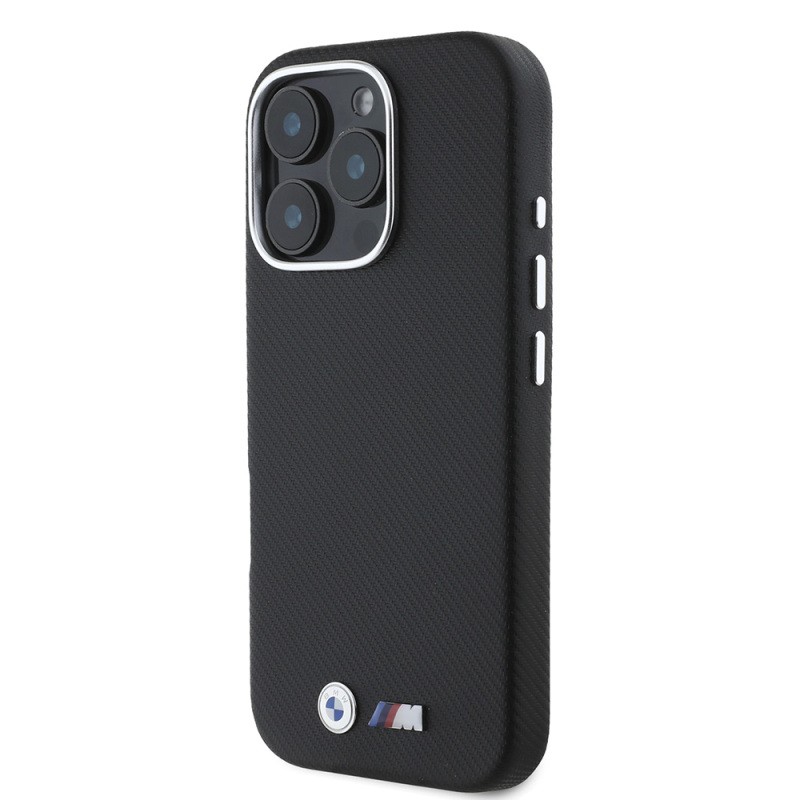 Apple iPhone 16 Pro Case, BMW Original Licensed, Fully Wrapped, Carbon Design Metal Logo, Faux Leather Cover - 3
