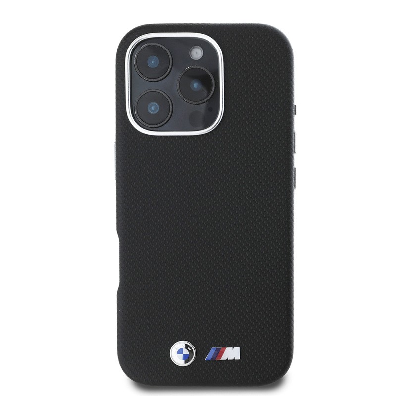 Apple iPhone 16 Pro Case, BMW Original Licensed, Fully Wrapped, Carbon Design Metal Logo, Faux Leather Cover - 4