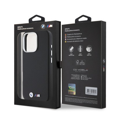Apple iPhone 16 Pro Case, BMW Original Licensed, Fully Wrapped, Carbon Design Metal Logo, Faux Leather Cover - 9