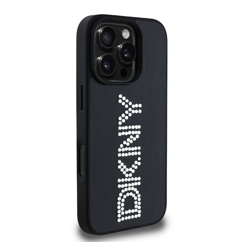 Apple iPhone 16 Pro Case DKNY Original Licensed Stone DKNY Inscription Metallic Rhinestones PU Leather Cover - 6